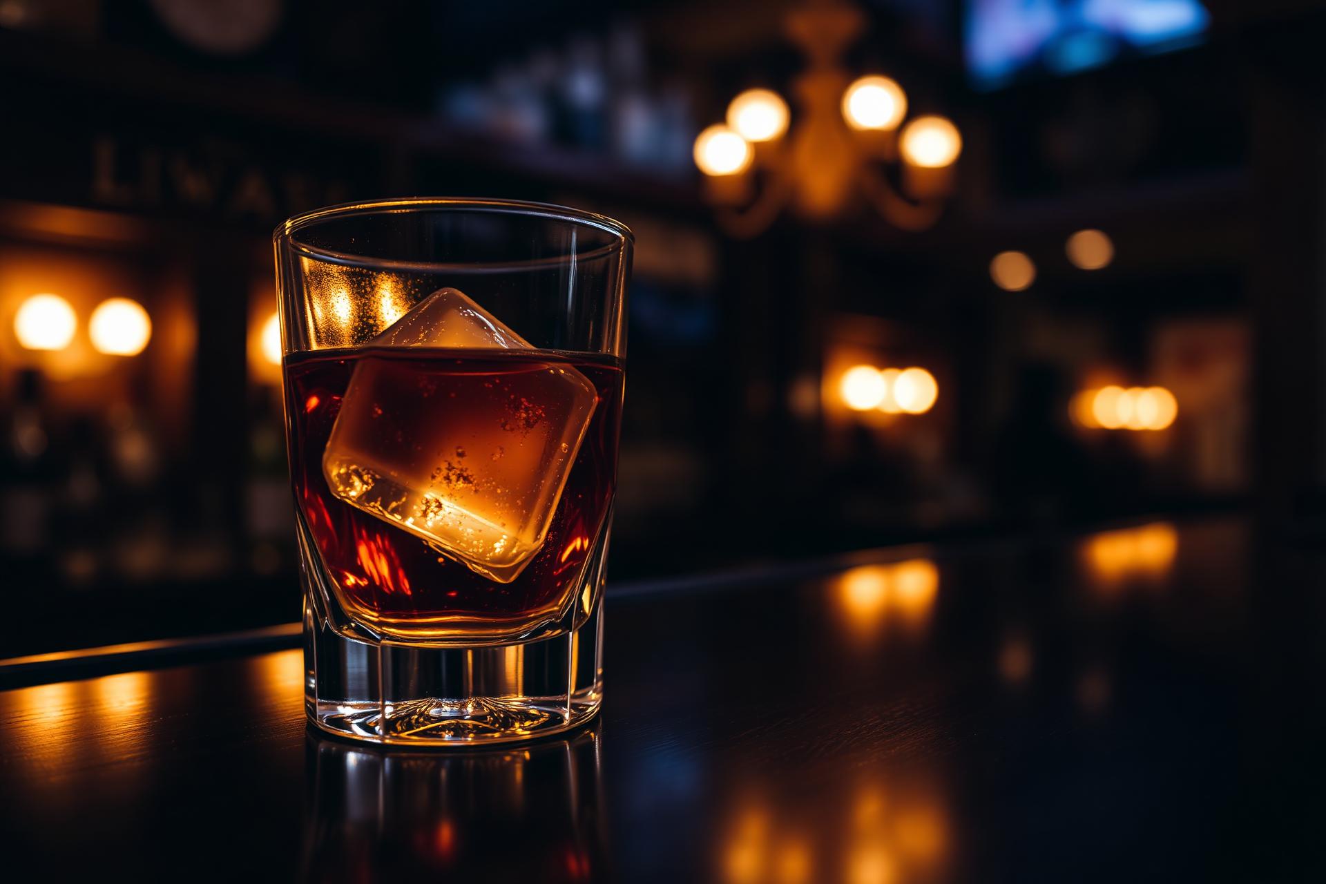 Amber whiskey in a rocks glass on a mahogany bar